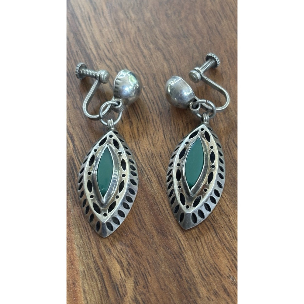 Vintage Sterling Silver Large Chunky Green Onyx Screw Back Earrings